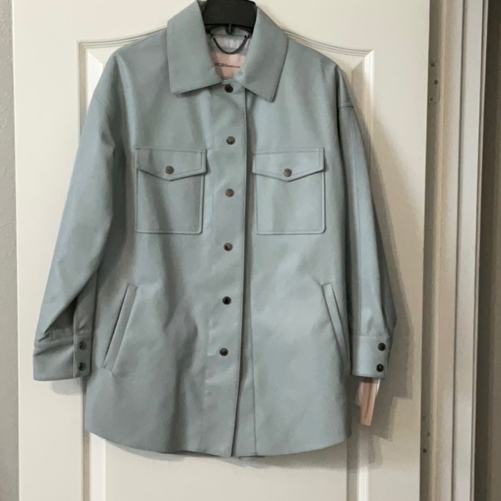 BCBGeneration Baby Blue Faux Leater Oversized Shirt Coat Jacket M New